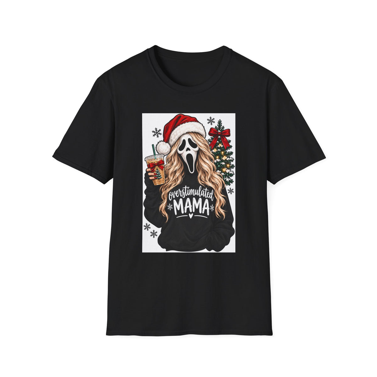 Thread Tumblrz Women's Overstimulated Mama Scream Mask Christmas Holiday Graphic T-Shirt