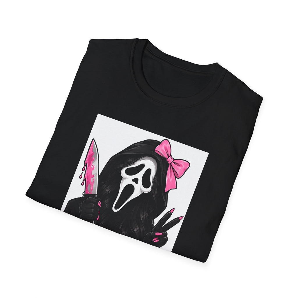 Thread Tumblrz Women's Scream Mask Girl Pink Bow & Knife Horror Graphic T-Shirt