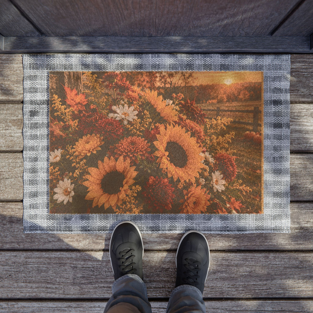 Sunflower Meadow Doormat — Rustic Autumn Floral Welcome Mat