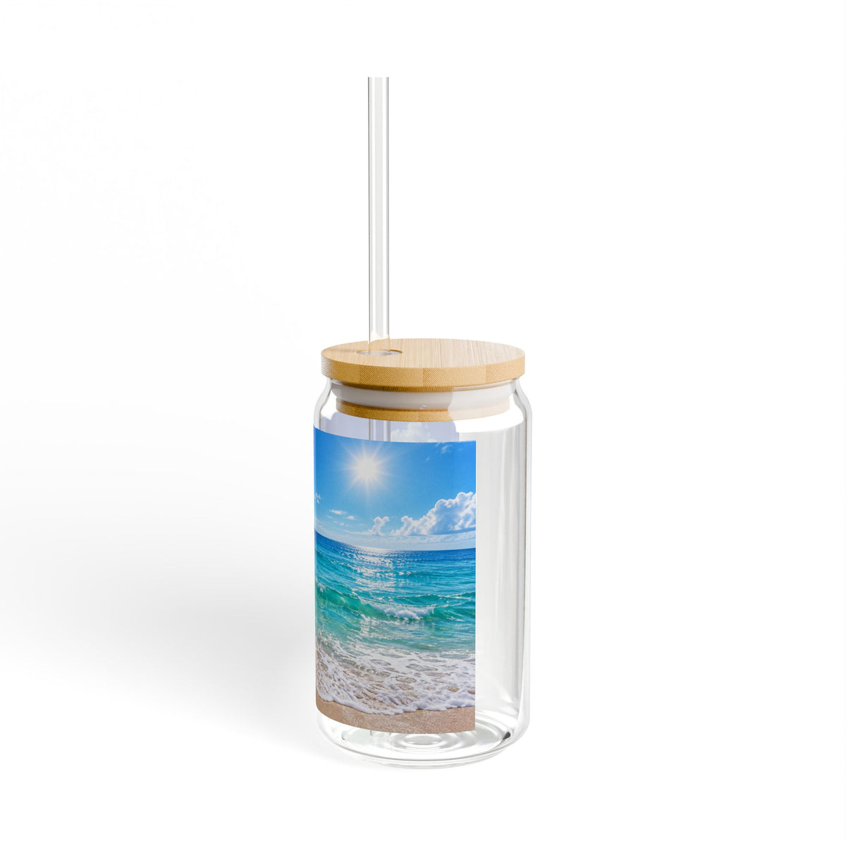 Thread Tumblrz 16oz Tropical Beach Scene Glass Sipper with Bamboo Lid