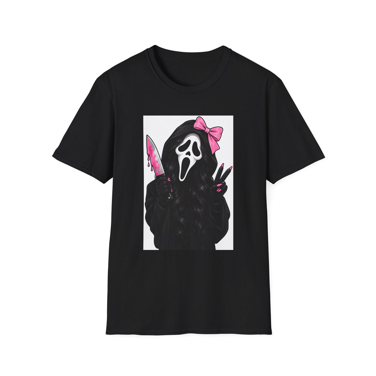 Thread Tumblrz Women's Scream Mask Girl Pink Bow & Knife Horror Graphic T-Shirt