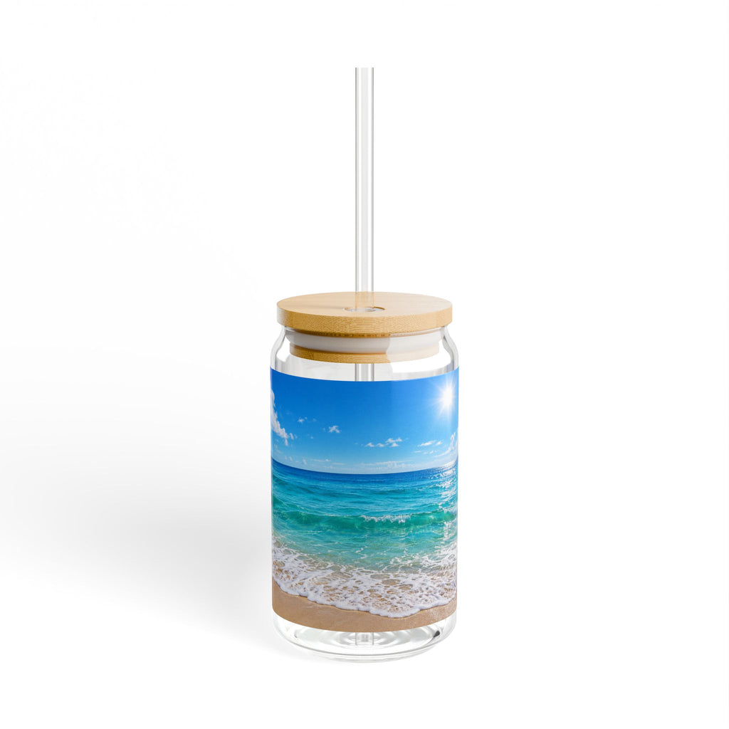 Thread Tumblrz 16oz Tropical Beach Scene Glass Sipper with Bamboo Lid
