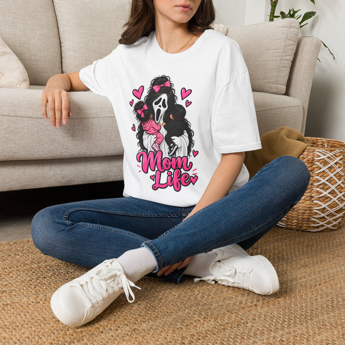 Thread Tumblrz Women's Mom Life Scream Mask Pink Hearts Graphic T-Shirt