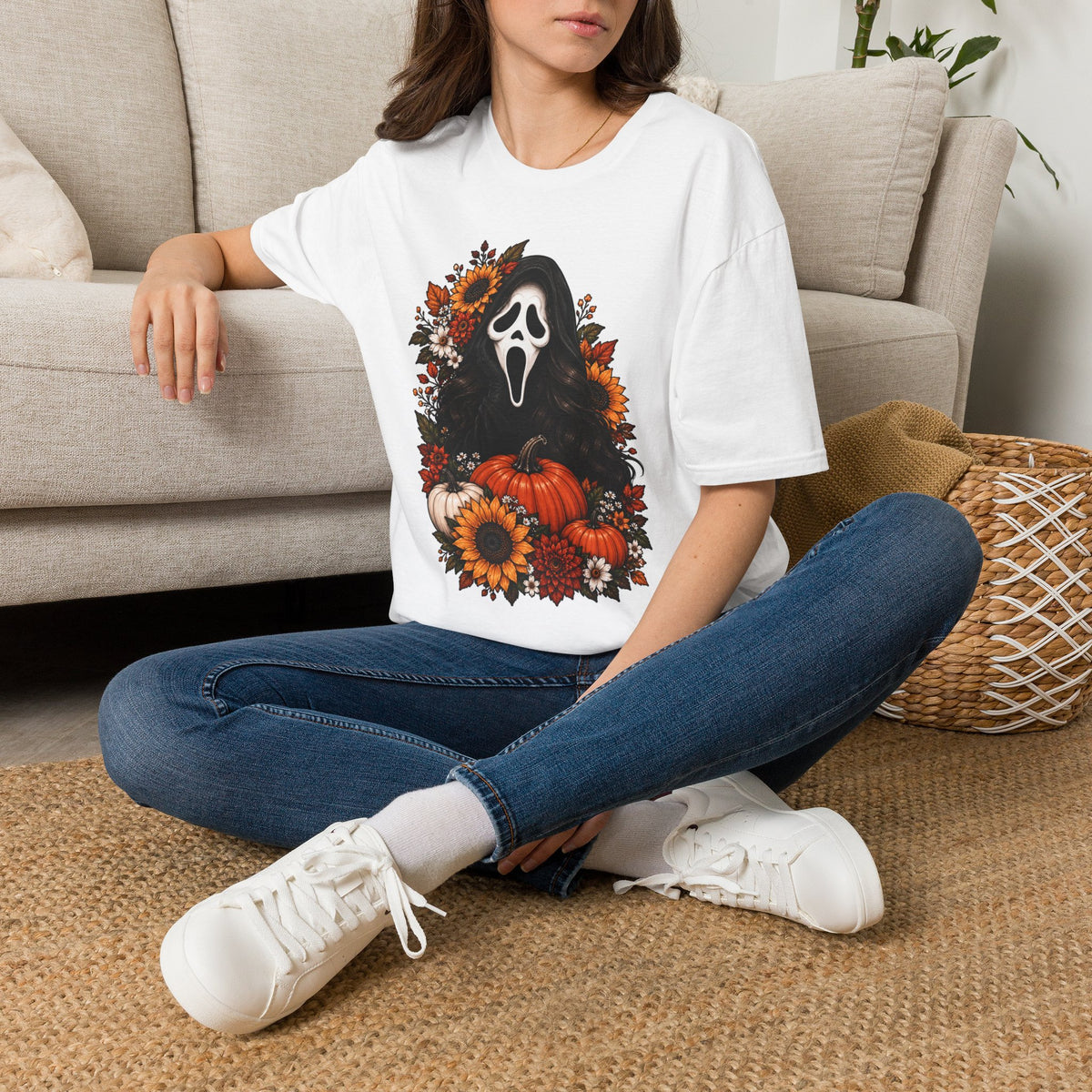 Thread Tumblrz Halloween Ghostface Pumpkin Spooky Floral Fall Graphic T-Shirt