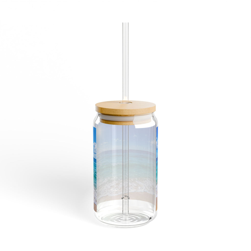 Thread Tumblrz 16oz Tropical Beach Scene Glass Sipper with Bamboo Lid