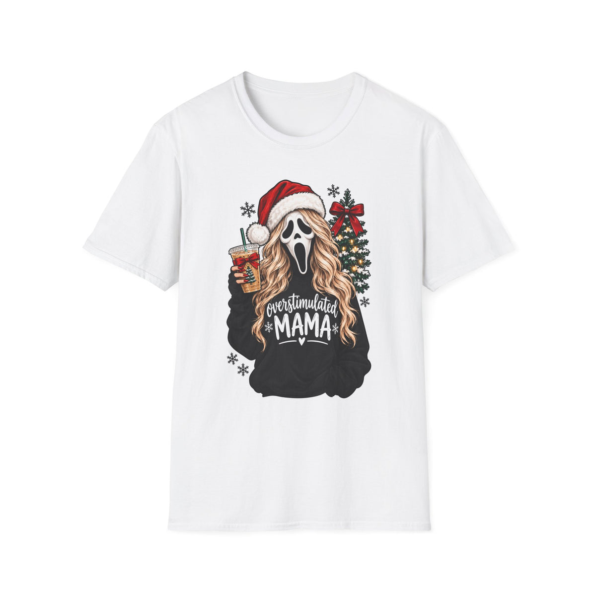 Thread Tumblrz Women's Overstimulated Mama Scream Mask Christmas Holiday Graphic T-Shirt