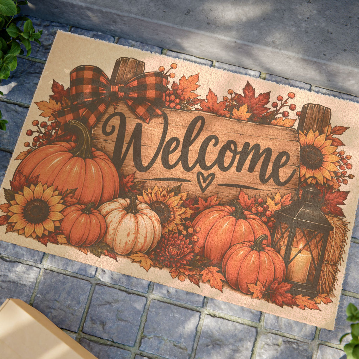 Autumn Welcome Doormat — Fall Pumpkin & Sunflower Porch Mat