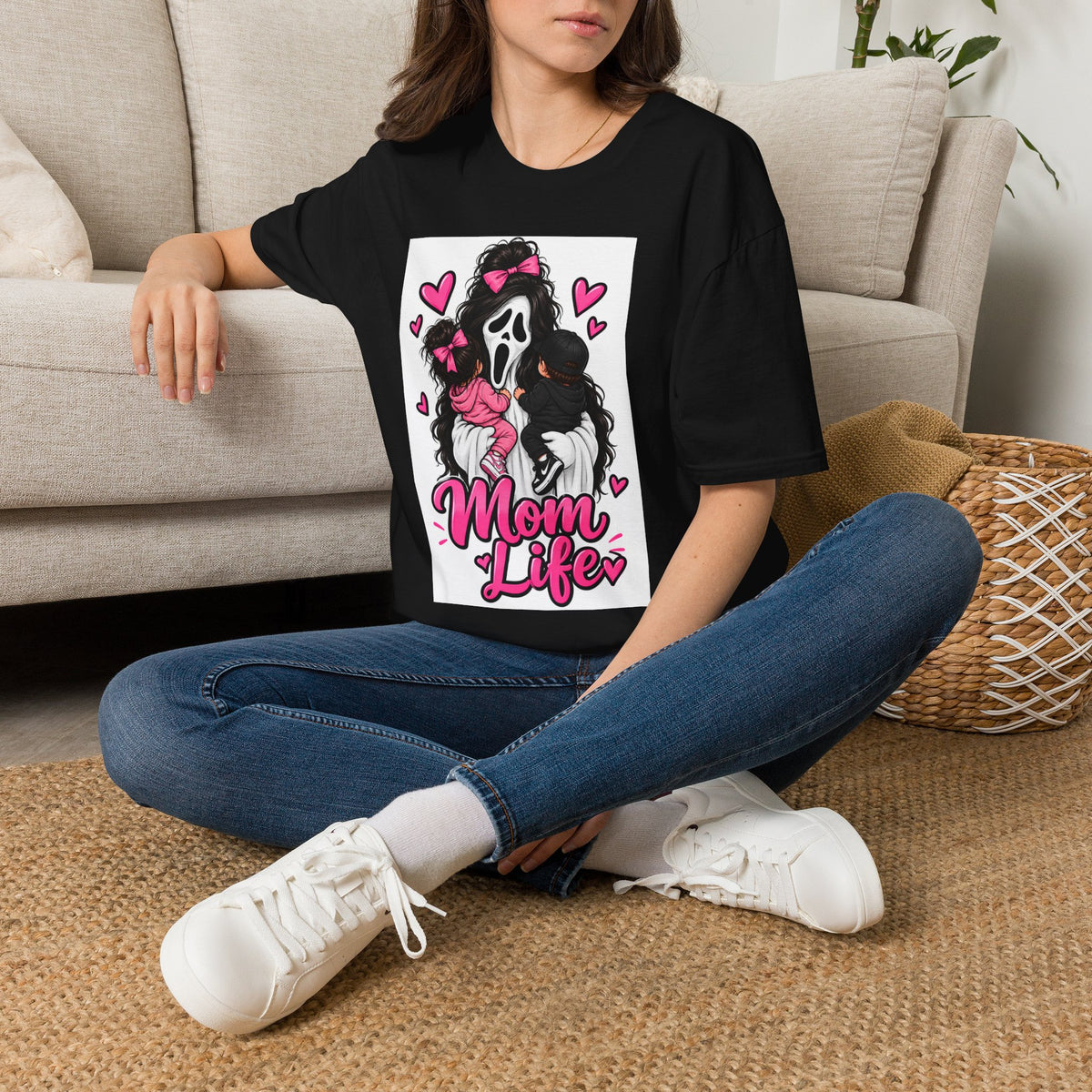 Thread Tumblrz Women's Mom Life Scream Mask Pink Hearts Graphic T-Shirt
