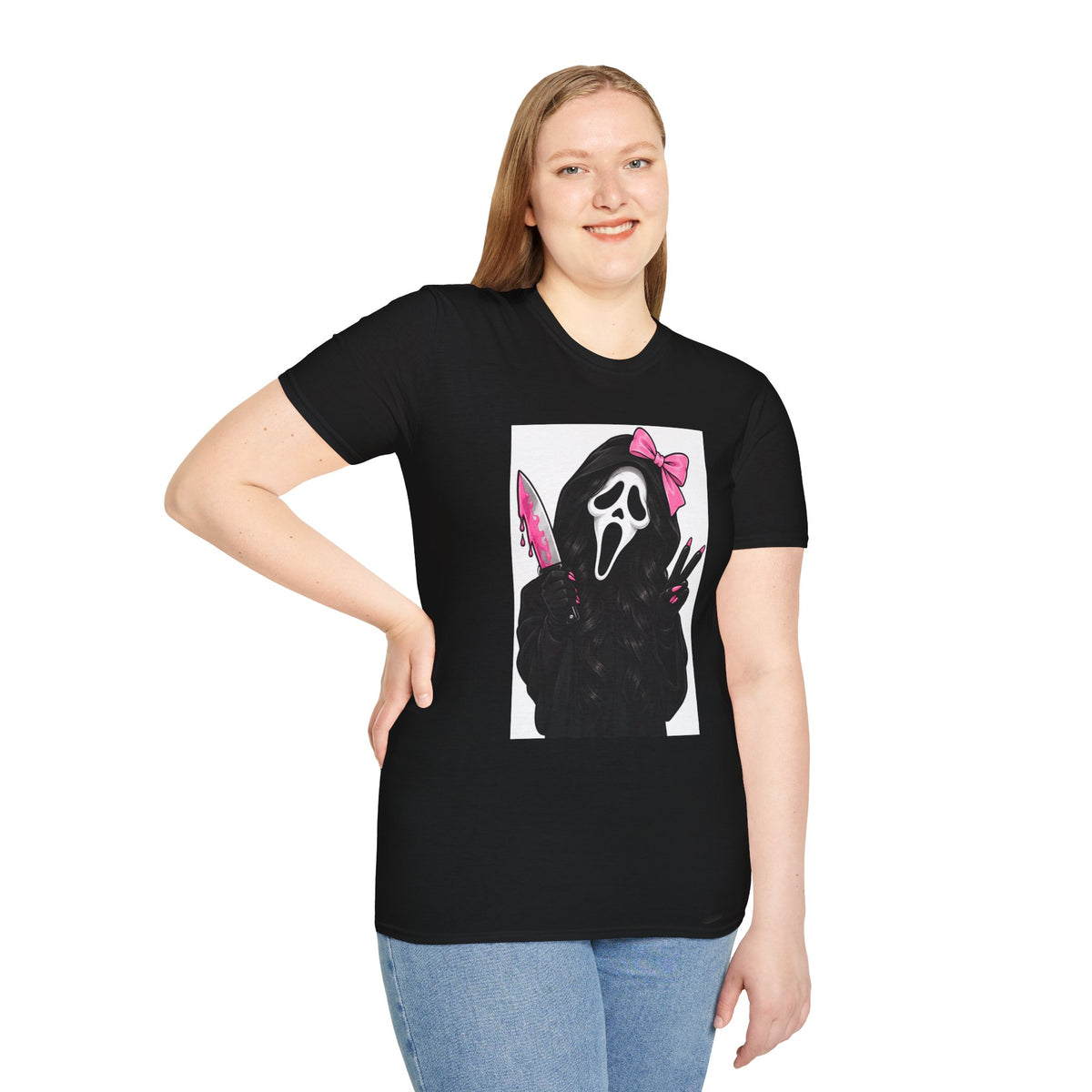 Thread Tumblrz Women's Scream Mask Girl Pink Bow & Knife Horror Graphic T-Shirt