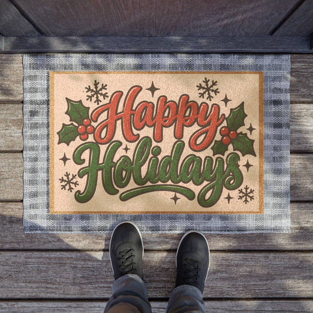 Happy Holidays Doormat — Festive Holiday Welcome Mat with Holly & Snowflakes