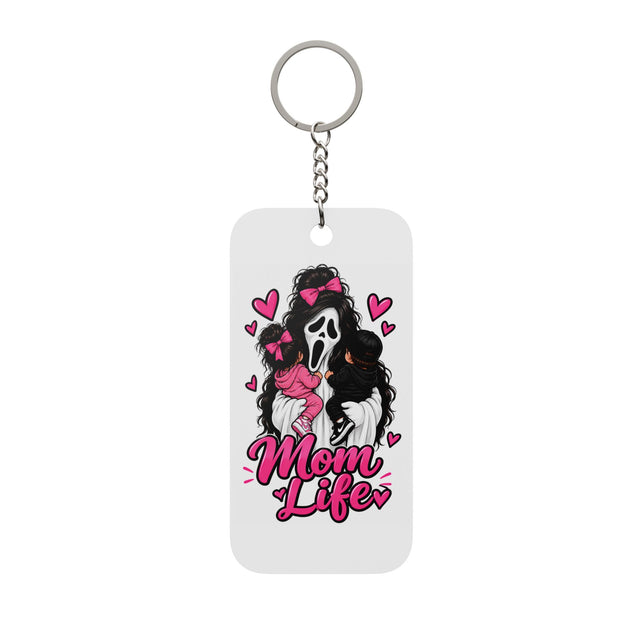 Mom Life Keychain Charm - Double-Sided Scream Mask Mom with Pink Hearts