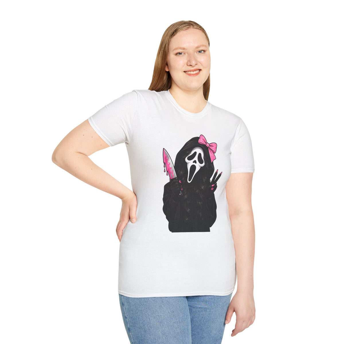 Thread Tumblrz Women's Scream Mask Girl Pink Bow & Knife Horror Graphic T-Shirt