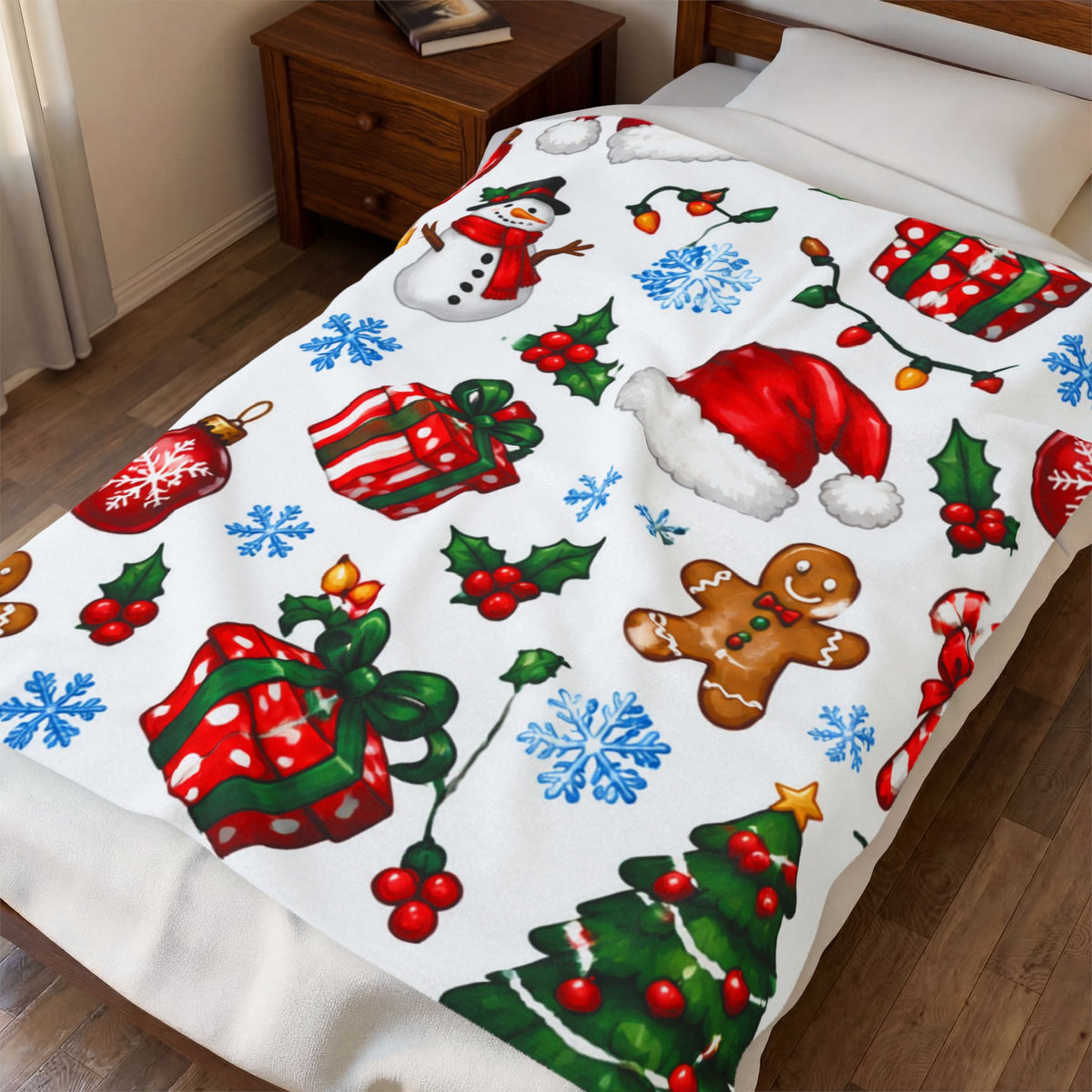 Christmas Pattern Velveteen Plush Blanket — Holiday Snowman, Gingerbread & Gifts Throw