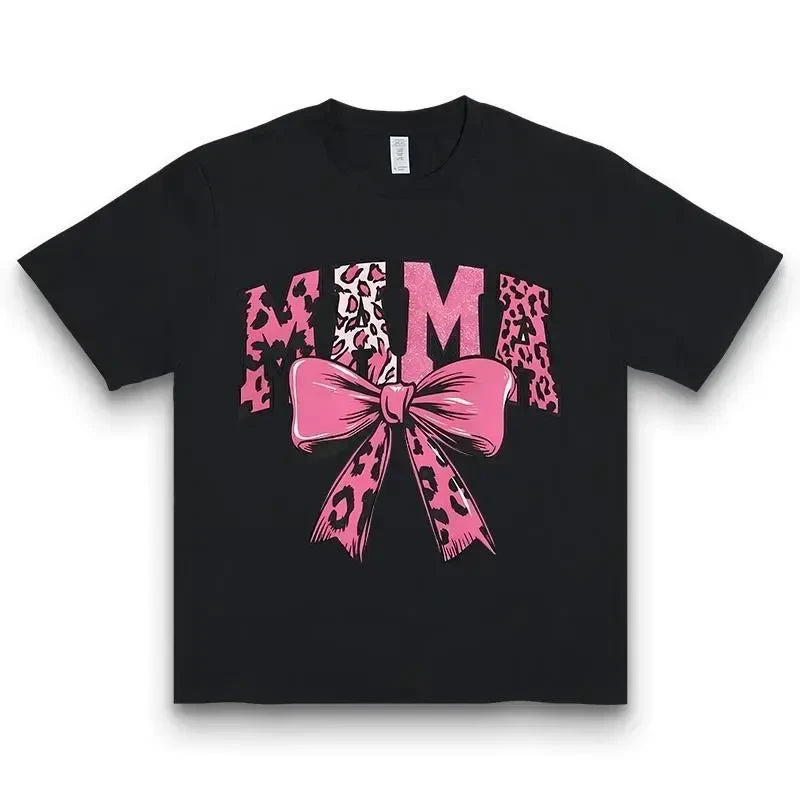 Thread Tumblrz Women's Pink Leopard Print Mama Bow Graphic Cotton T-Shirt