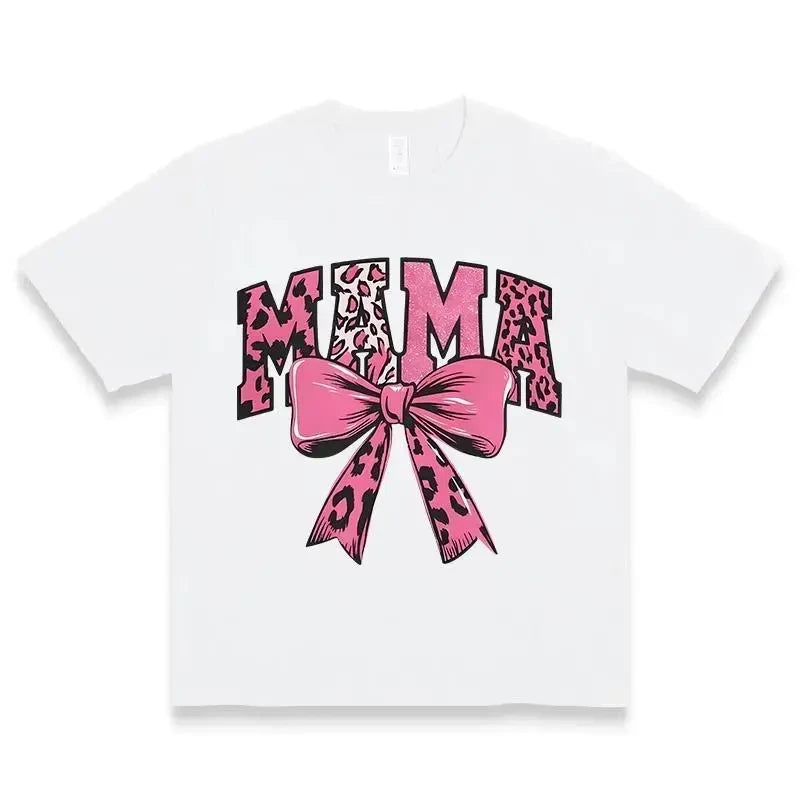Thread Tumblrz Women's Pink Leopard Print Mama Bow Graphic Cotton T-Shirt