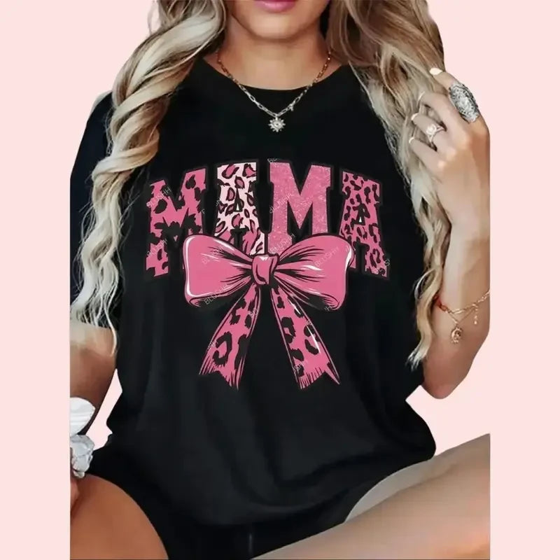 Thread Tumblrz Women's Pink Leopard Print Mama Bow Graphic Cotton T-Shirt