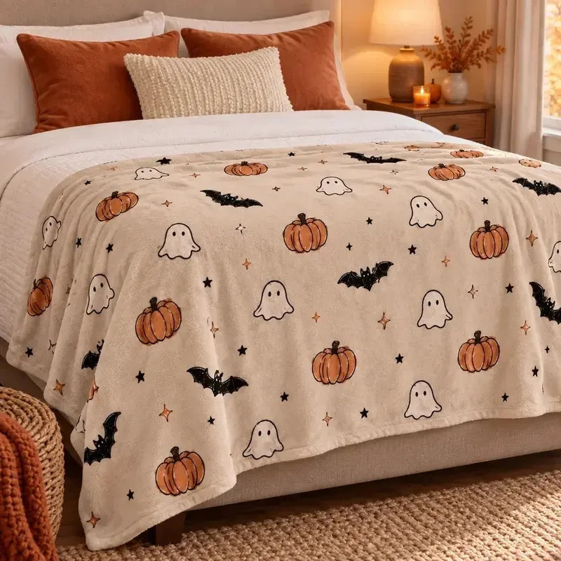 Thread Tumblrz Ghost & Pumpkin Halloween Flannel Fleece Throw Blanket