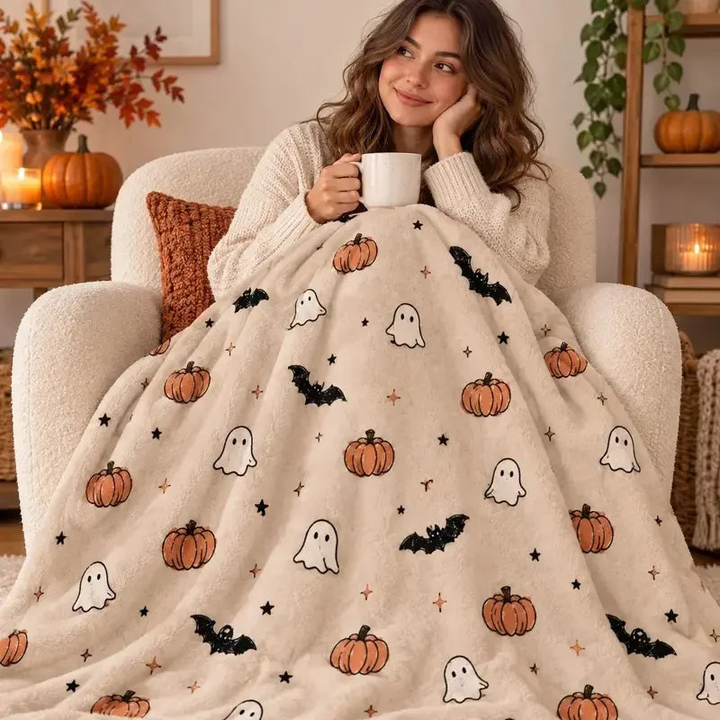 Thread Tumblrz Ghost & Pumpkin Halloween Flannel Fleece Throw Blanket