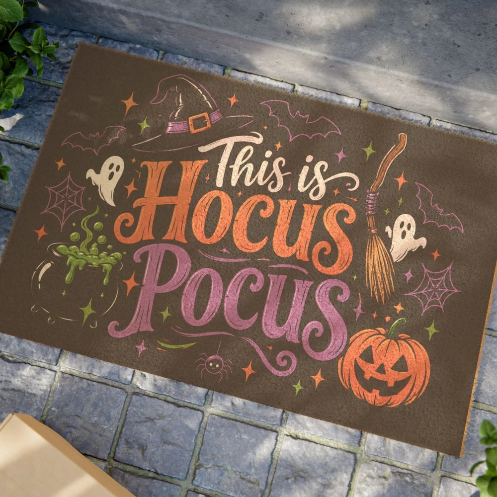 Hocus Pocus Doormat — Cute Halloween Welcome Mat with Ghosts, Pumpkin & Witch Broom