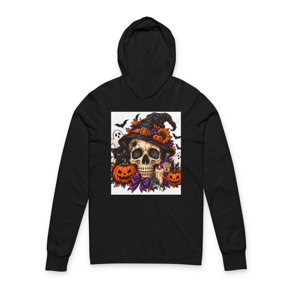 Thread Tumblrz Halloween Skull Witch Hat Pumpkins & Ghosts Hooded Long Sleeve T-Shirt