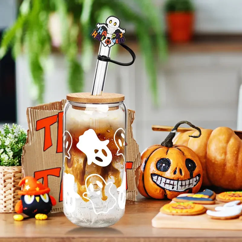 Thread Tumblrz Halloween Ghostly Glass Iced Coffee Cup Set with Straw