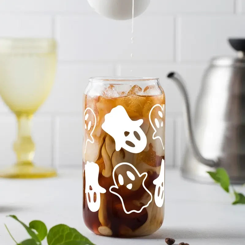 Thread Tumblrz Halloween Ghostly Glass Iced Coffee Cup Set with Straw