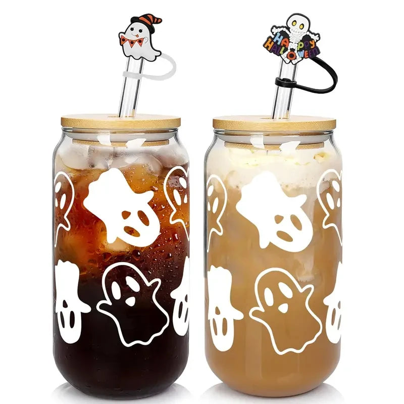 Thread Tumblrz Halloween Ghostly Glass Iced Coffee Cup Set with Straw