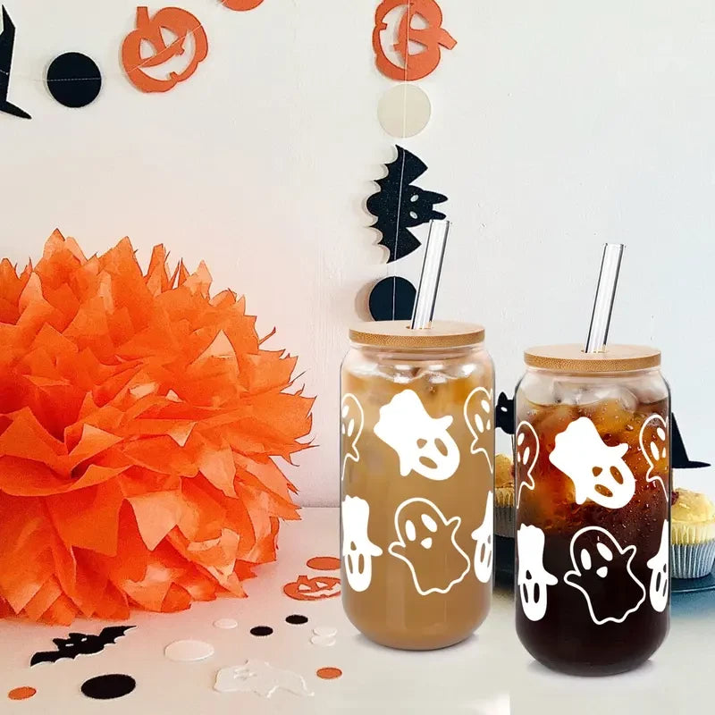 Thread Tumblrz Halloween Ghostly Glass Iced Coffee Cup Set with Straw