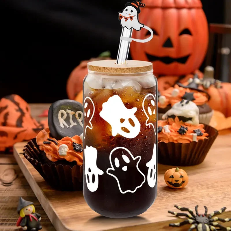 Thread Tumblrz Halloween Ghostly Glass Iced Coffee Cup Set with Straw