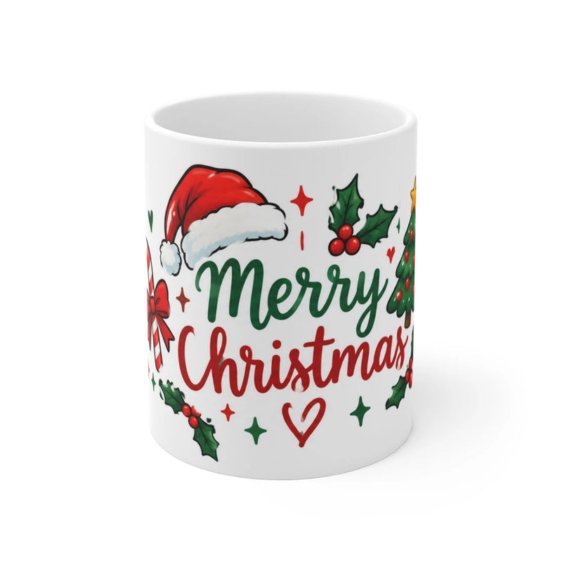 Merry Christmas 11oz Mug – Festive Holiday Coffee Cup with Santa Hat & Candy Cane Design