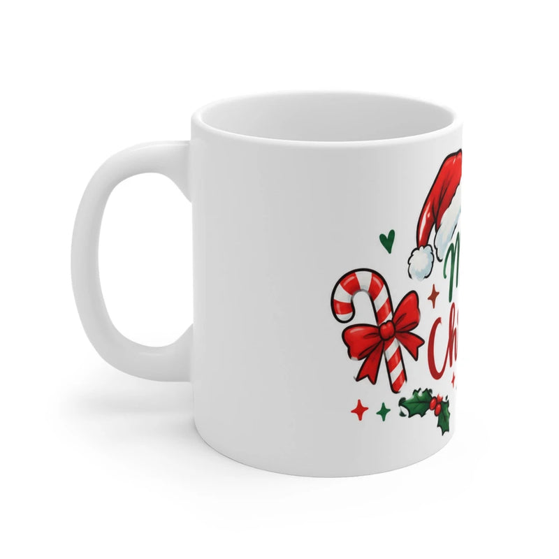 Merry Christmas 11oz Mug – Festive Holiday Coffee Cup with Santa Hat & Candy Cane Design
