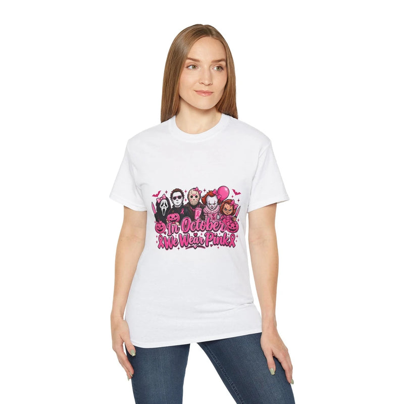October We Wear Pink Horror Movie Characters T‑Shirt
