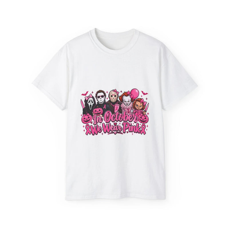 October We Wear Pink Horror Movie Characters T‑Shirt