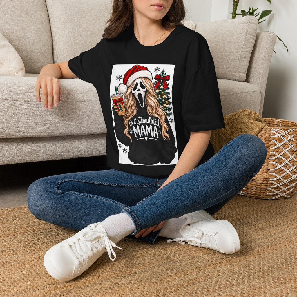 Thread Tumblrz Women's Overstimulated Mama Scream Mask Christmas Holiday Graphic T-Shirt