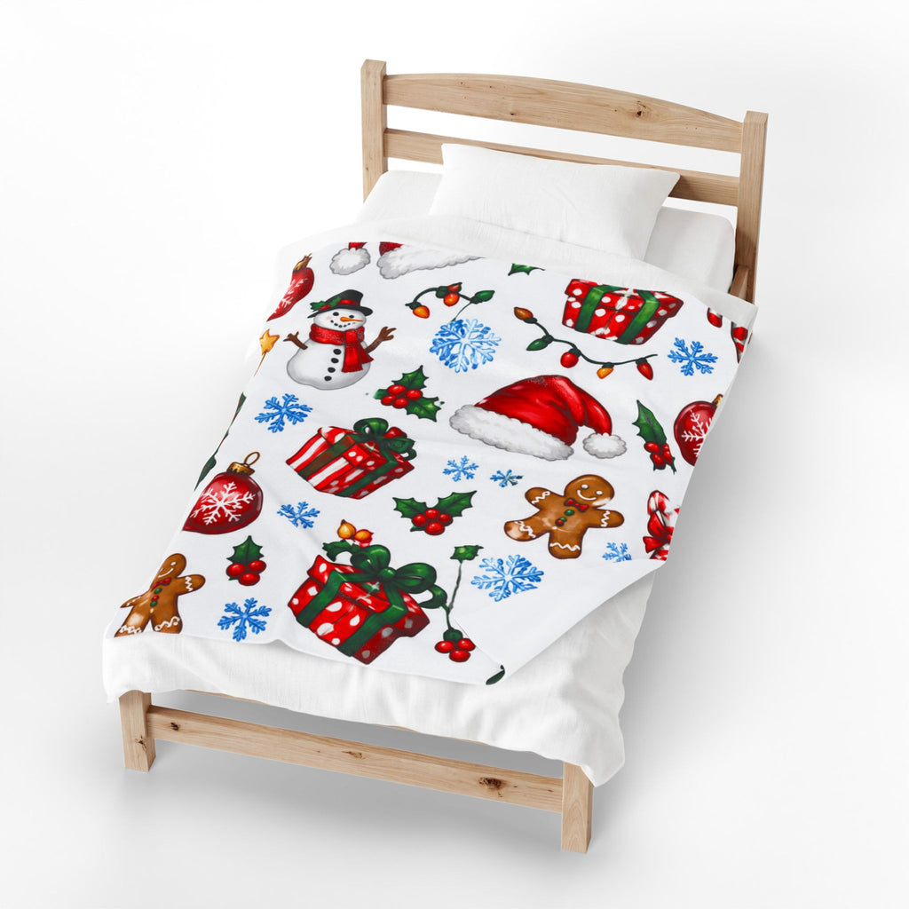 Christmas Pattern Velveteen Plush Blanket — Holiday Snowman, Gingerbread & Gifts Throw