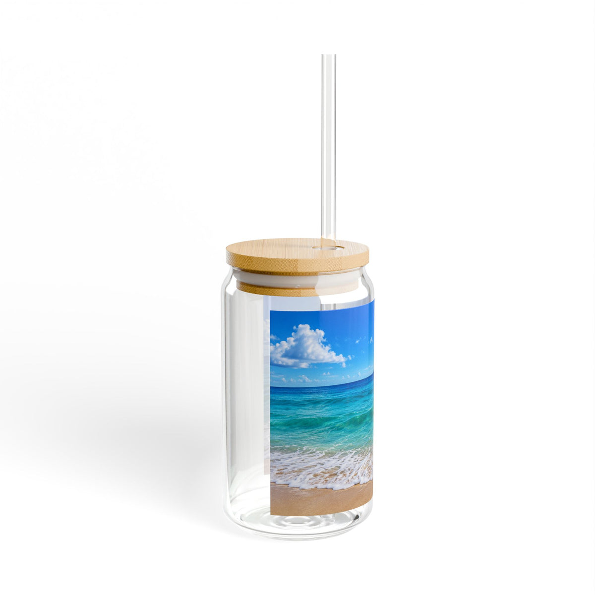 Thread Tumblrz 16oz Tropical Beach Scene Glass Sipper with Bamboo Lid