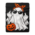 Edgy Halloween Ghost Sherpa Blanket — Middle Finger Ghost with Pumpkin