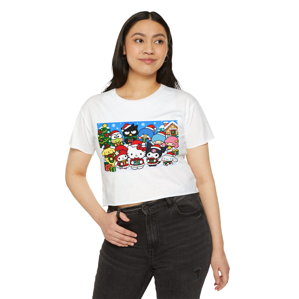 Thread Tumblrz Women's Hello Kitty Christmas Holiday Graphic Crop T-Shirt