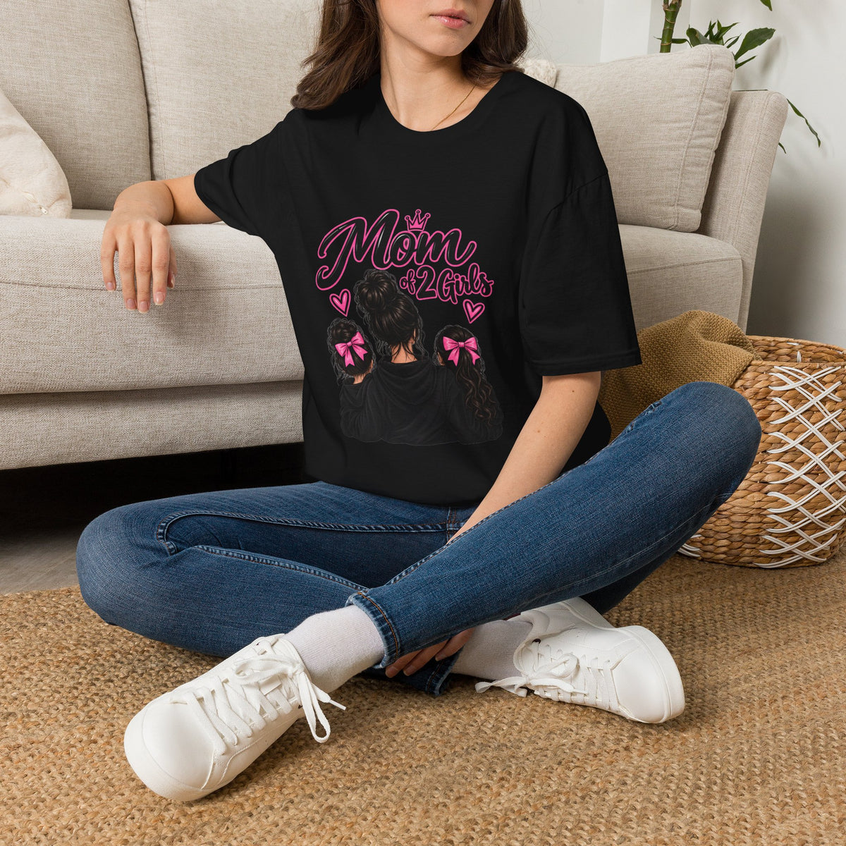 Thread Tumblrz Women's Mom of 2 Girls Proud Mommy Graphic T-Shirt with Daughter Silhouettes