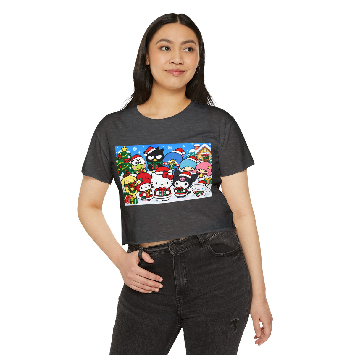 Thread Tumblrz Women's Hello Kitty Christmas Holiday Graphic Crop T-Shirt