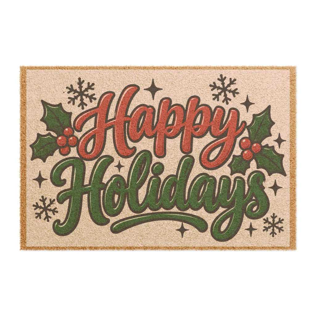 Happy Holidays Doormat — Festive Holiday Welcome Mat with Holly & Snowflakes