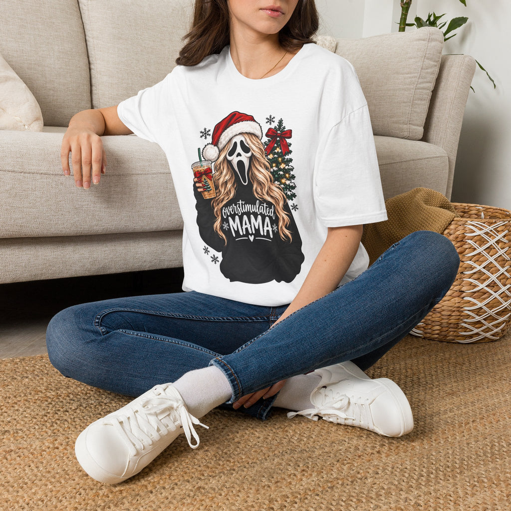 Thread Tumblrz Women's Overstimulated Mama Scream Mask Christmas Holiday Graphic T-Shirt
