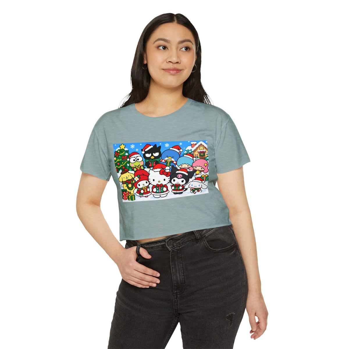 Thread Tumblrz Women's Hello Kitty Christmas Holiday Graphic Crop T-Shirt