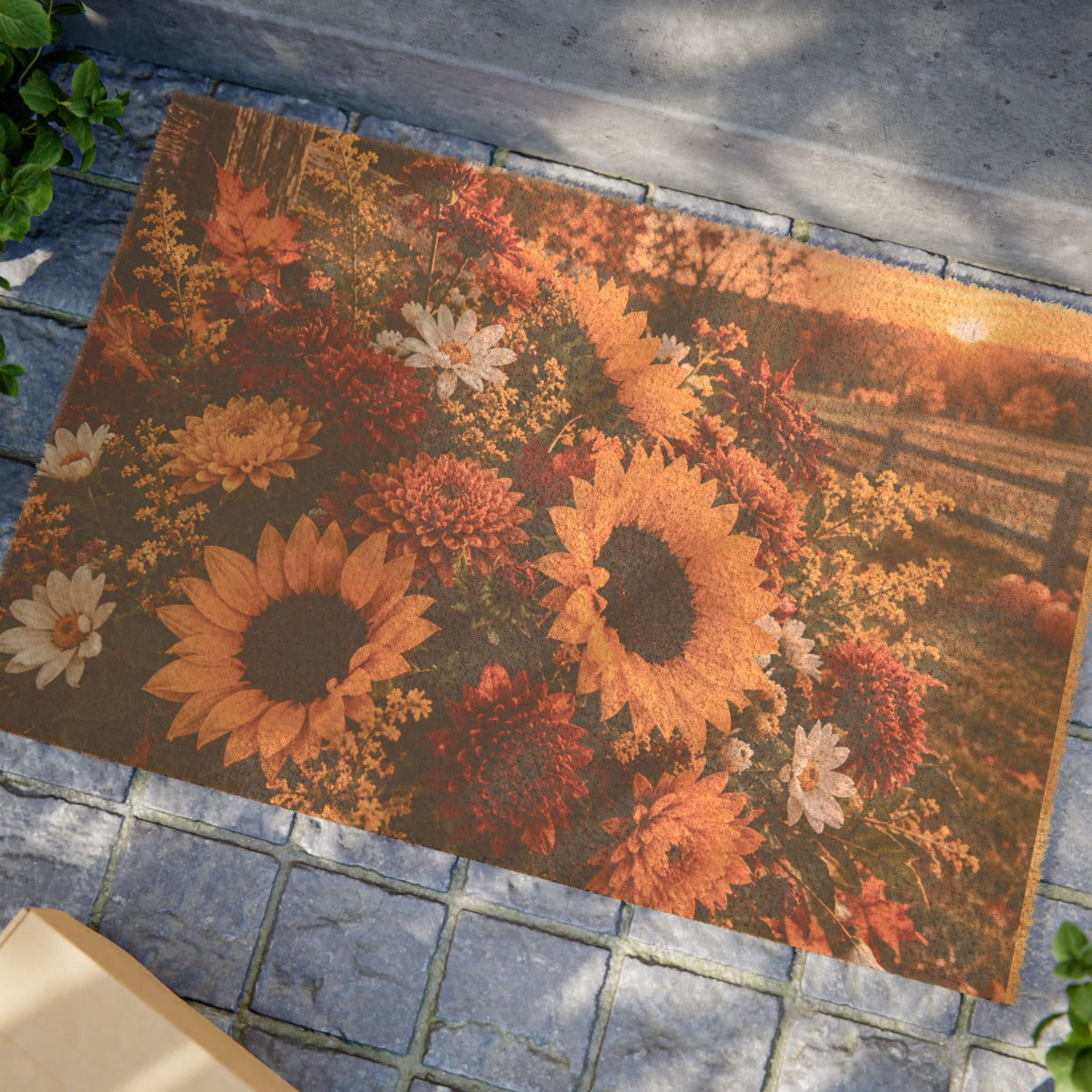 Sunflower Meadow Doormat — Rustic Autumn Floral Welcome Mat