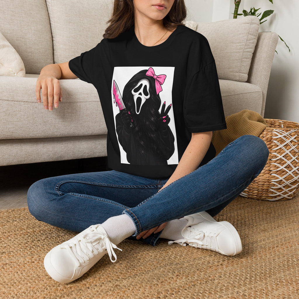 Thread Tumblrz Women's Scream Mask Girl Pink Bow & Knife Horror Graphic T-Shirt