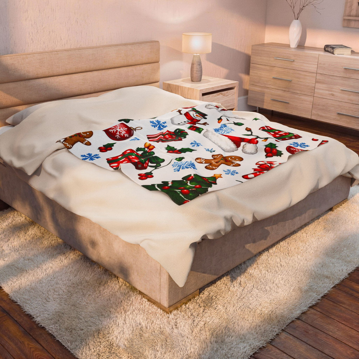 Christmas Pattern Velveteen Plush Blanket — Holiday Snowman, Gingerbread & Gifts Throw