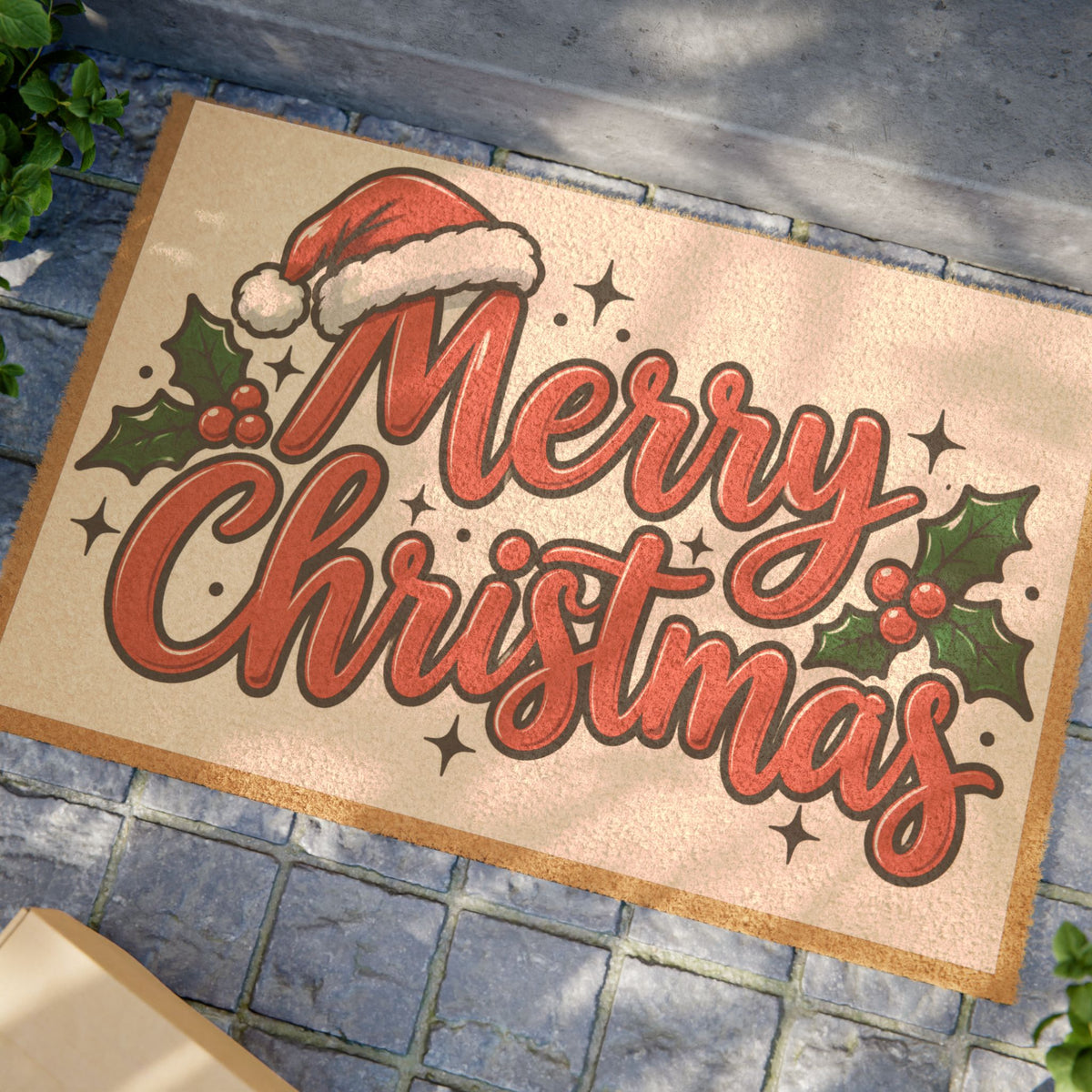 Merry Christmas Doormat – Festive Holiday Coir Welcome Mat with Santa Hat & Holly