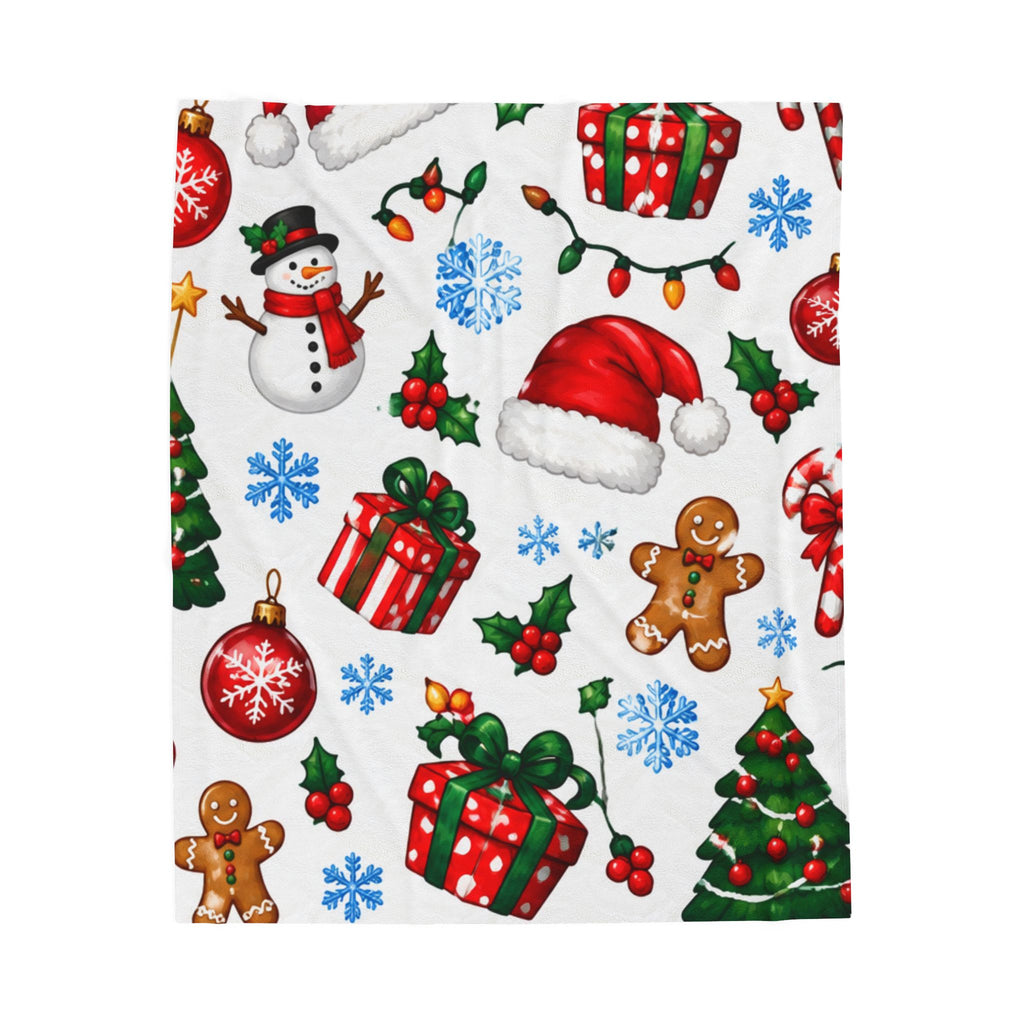 Christmas Pattern Velveteen Plush Blanket — Holiday Snowman, Gingerbread & Gifts Throw