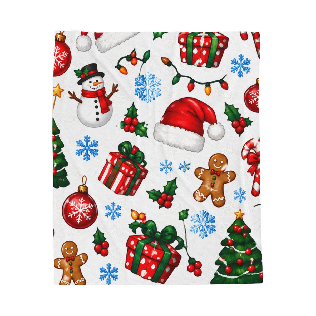 Christmas Pattern Velveteen Plush Blanket — Holiday Snowman, Gingerbread & Gifts Throw