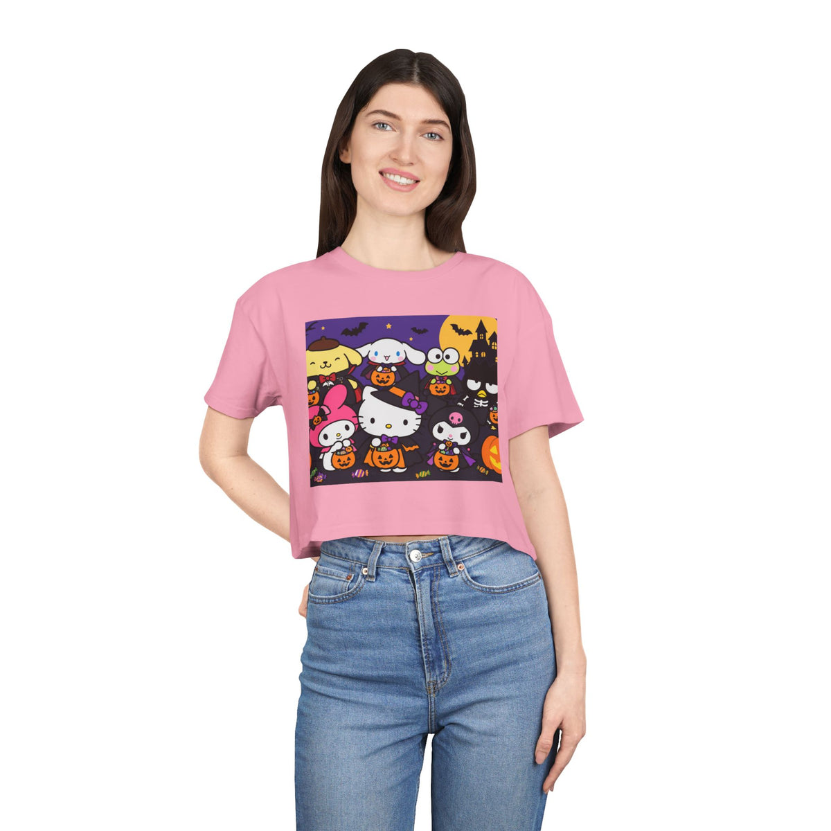 Thread Tumblrz Women's Hello Kitty Halloween Trick-or-Treat Graphic Crop T-Shirt